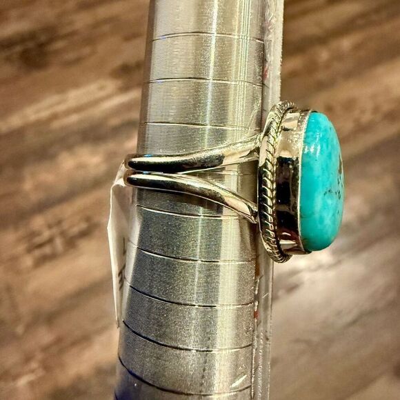 Oval Kingman Turquoise  Double Band Ring Southwestern Sterling Silver Size 7 - Picture 3 of 4